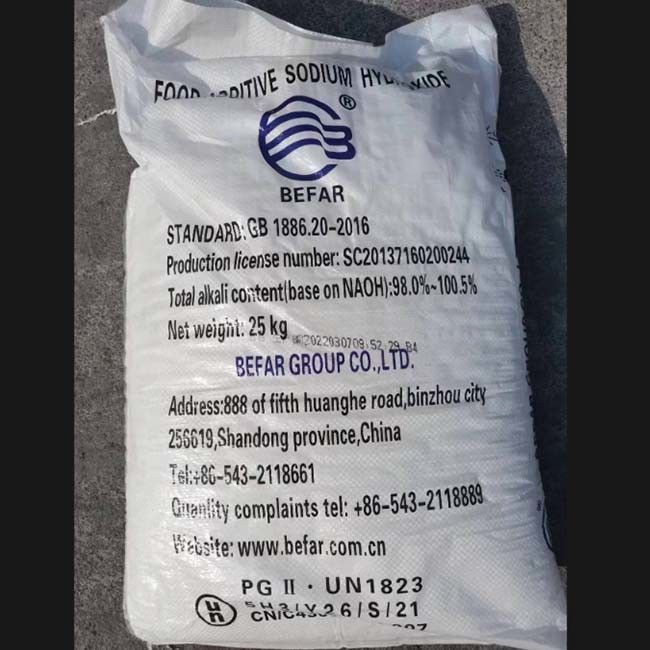 25KG/Bag Makanan Aman Natrium Hidroksida Untuk Botol Anggur Bersih Biji-bijian Dan Minyak
